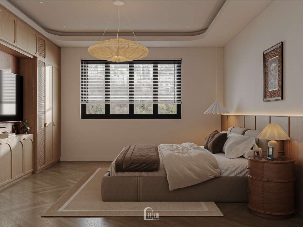 Thiết kế không gian phòng ngủ bố mẹ liền kề xẻ khe Ánh Dương khu đô thị Vinhomes Ocean Park 3 phong cách Contemporary mix Mid - Century